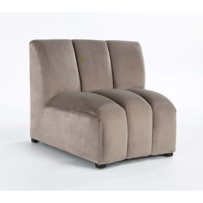 A modern two-seater Stella Sectional Sofa in a light taupe color with a plush polyester velvet finish, featuring rounded armrests and low black legs, set against a plain white background.