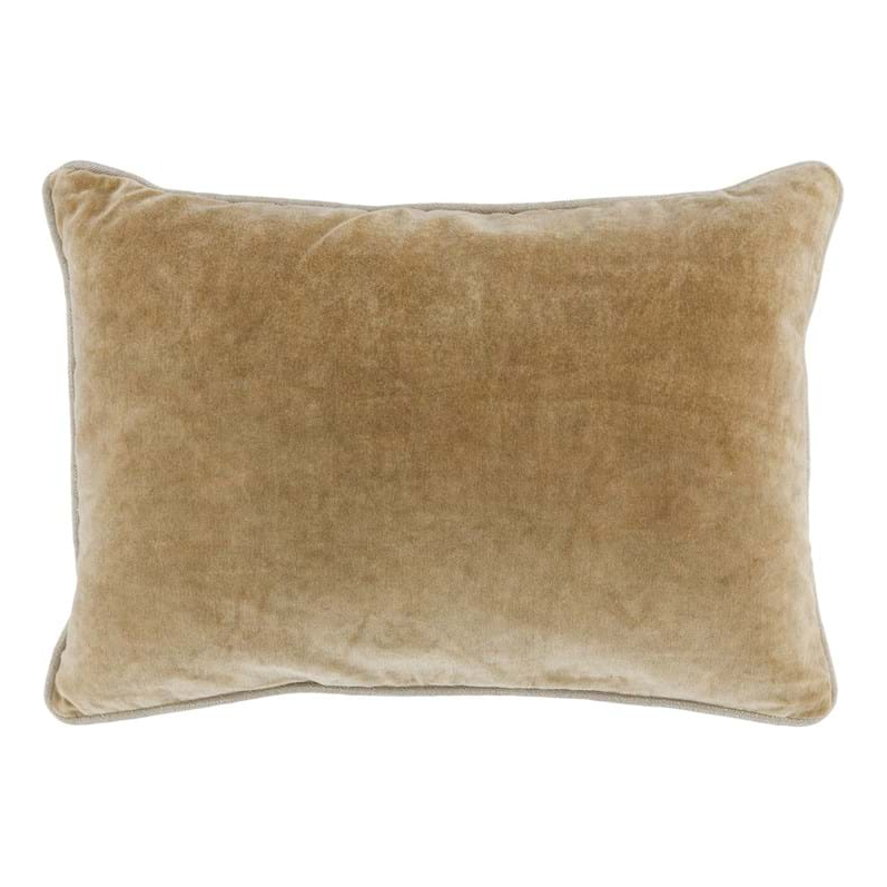 The Velvet Wheat Throw Pillow, shown against a white background, features soft tan velvet fabric, rounded corners, subtle edge piping, and a feather-down insert for a plush, cozy look.