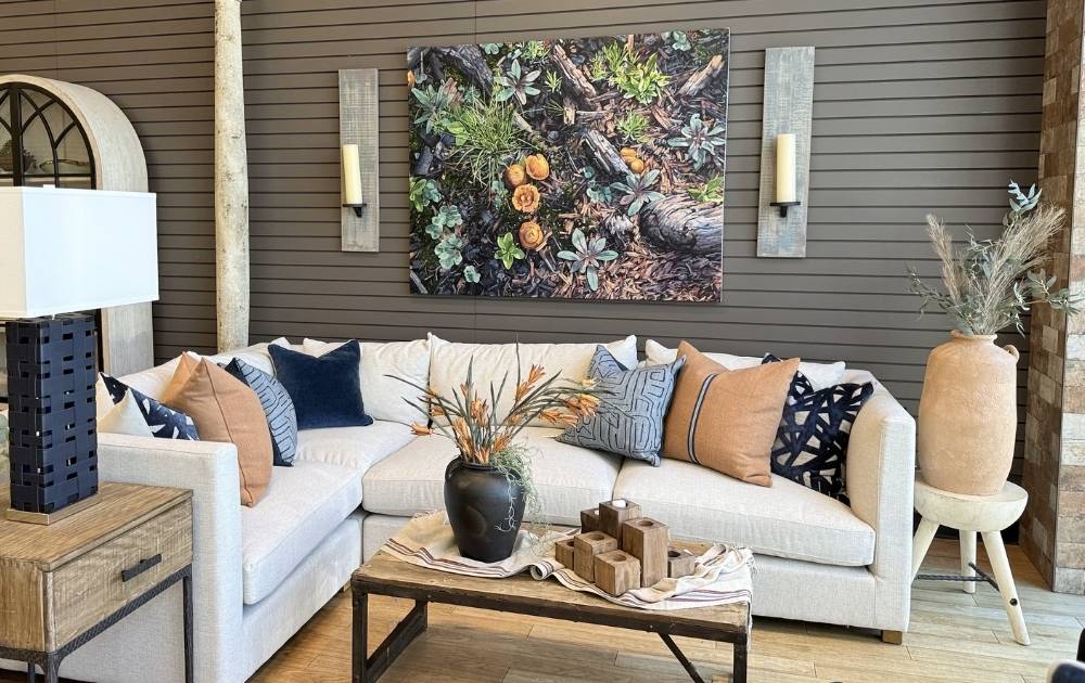 Performance fabric sectional sofa in neutral tone, styled with accent pillows