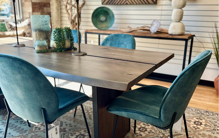 picture of wooden luxury dining table with turquoise chairs