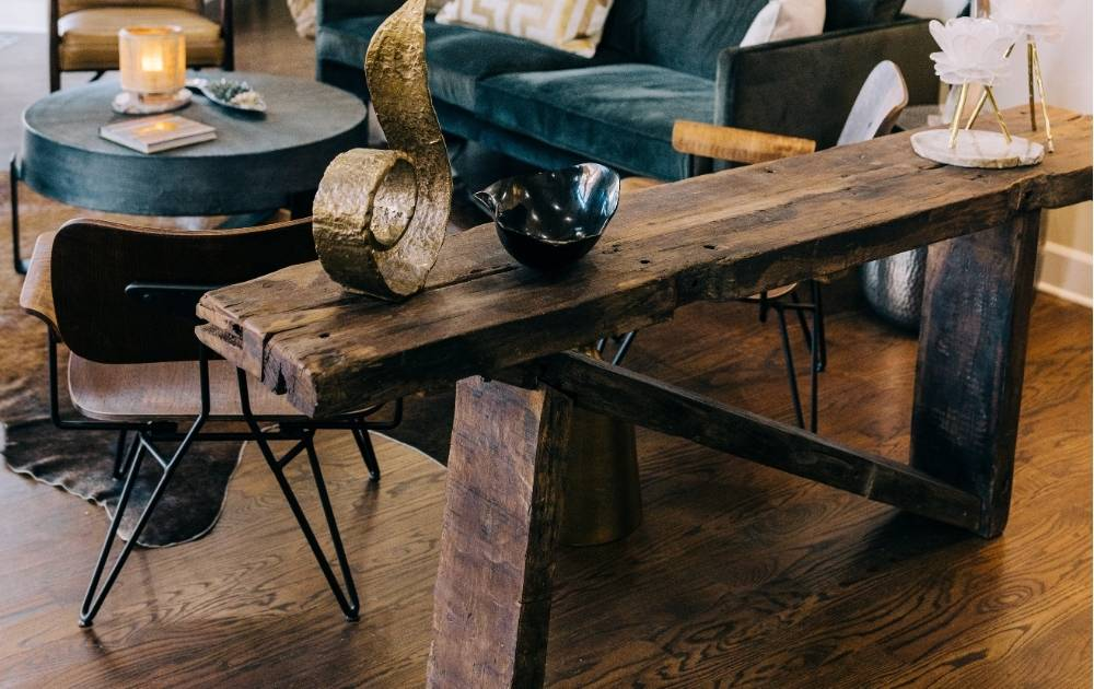 photo of a unique console table made out of reclaimed timber