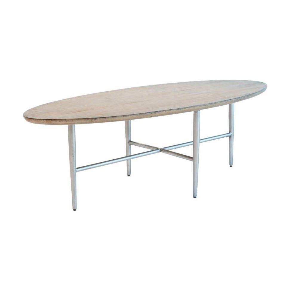 The Howard Coffee Table merges mid-century modern with rustic charm, showcasing an elliptical light wooden top and metallic base. Its slender legs join with an X-shaped support, creating a minimalist design with smooth edges and a natural finish that enhances its contemporary appeal.