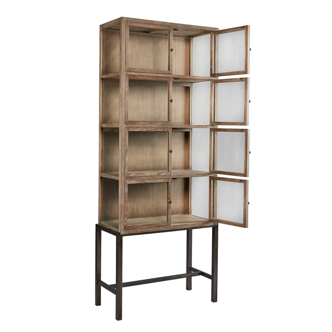 The Harlow Curio Cabinet pairs reclaimed oak with a natural, rustic finish, featuring four shelves and frosted glass-paneled doors. Its sleek metal base with four legs gives this display cabinet a blend of modern and vintage style.