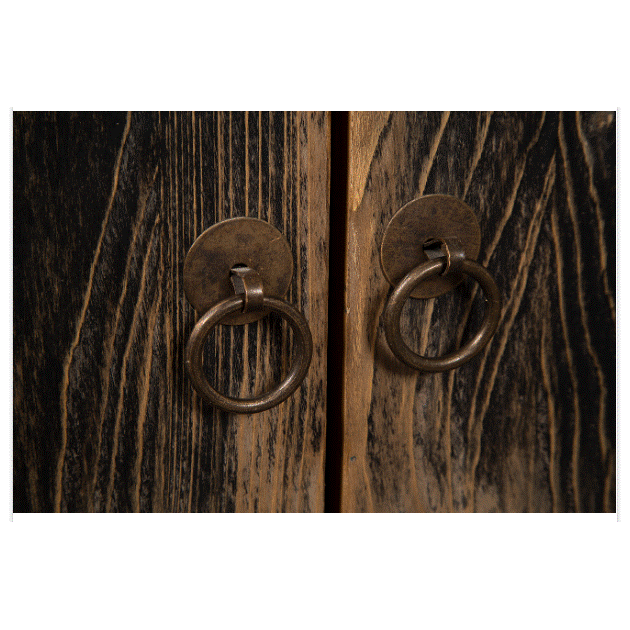 Close-up of two round metal door handles with circular backplates on the Mortee Cabinet Buffet’s dark, weathered solid pine doors. The handles are symmetrically placed, accentuating its black wash finish and rustic charm.