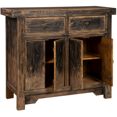 The Mortee Cabinet Buffet is a rustic, handmade solid pine cabinet with a weathered finish, two upper drawers with metal handles, and two hinged doors below revealing spacious storage. Visible wood grain enhances its vintage, distressed appearance.