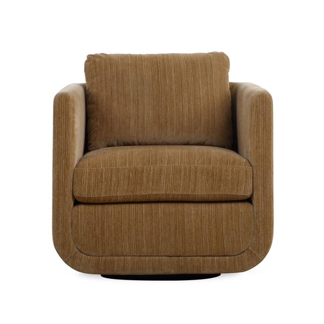 The Solana Swivel Accent Chair in Ginger is a plush armchair with sculptural curves, rounded arms, a large seat cushion and matching back cushion in textured chenille, shown against a plain white background.