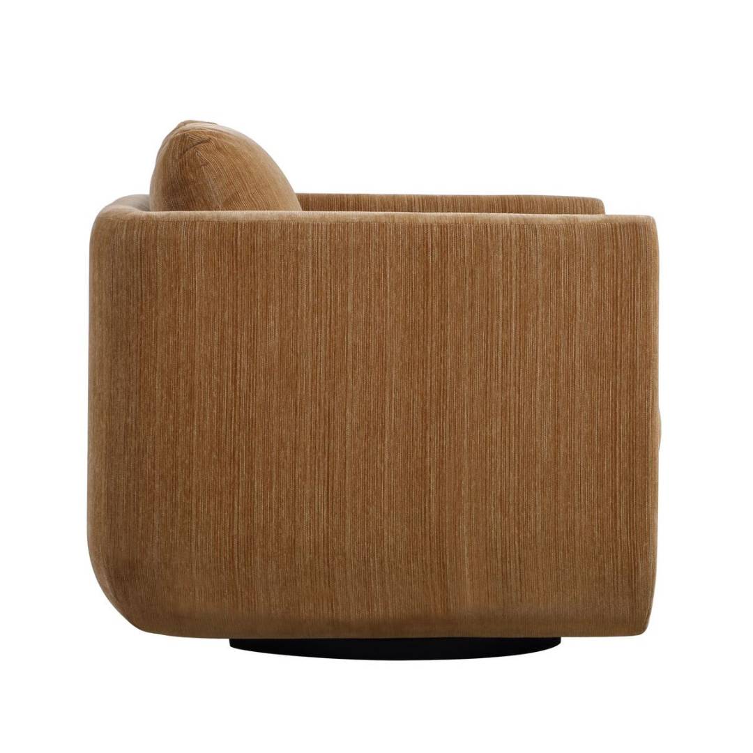 A side view of the Solana Swivel Accent Chair, Ginger, highlights its modern boxy shape in textured chenille with sculptural curves, a soft rounded back and arms, set on a black circular base against a plain white background.