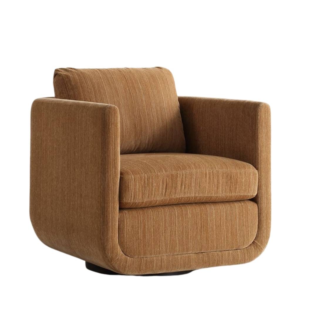 The Solana Swivel Accent Chair, Ginger, is a modern armchair with sculptural curves, boxy shape, rounded edges, thick seat and back cushions, straight armrests, textured chenille upholstery in light brown, and a recessed hidden base.