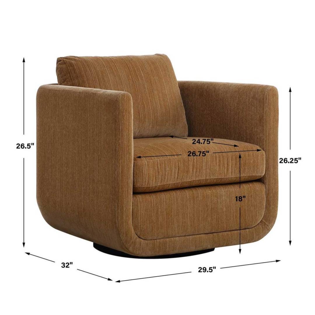 The Solana Swivel Accent Chair, Ginger, showcases sculptural curves and textured chenille upholstery. Its rounded edges and plush cushion provide comfort, with dimensions of 32" D x 29.5" W x 26.5" H for a spacious seat.