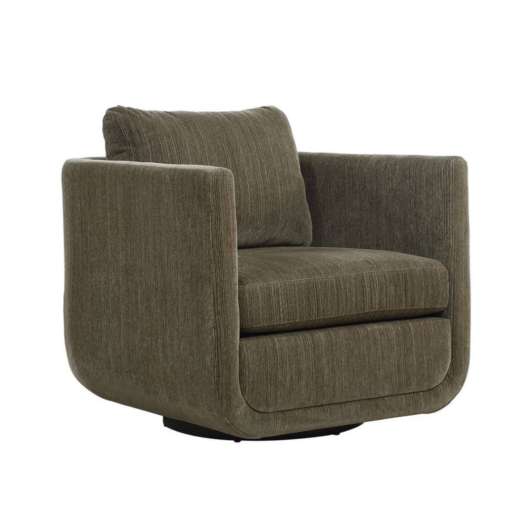 The Solana Swivel Accent Chair, Green, features sculptural curves, a boxy shape with rounded edges, plush cushions, and textured olive-green upholstery on a circular black base for a modern living room look.