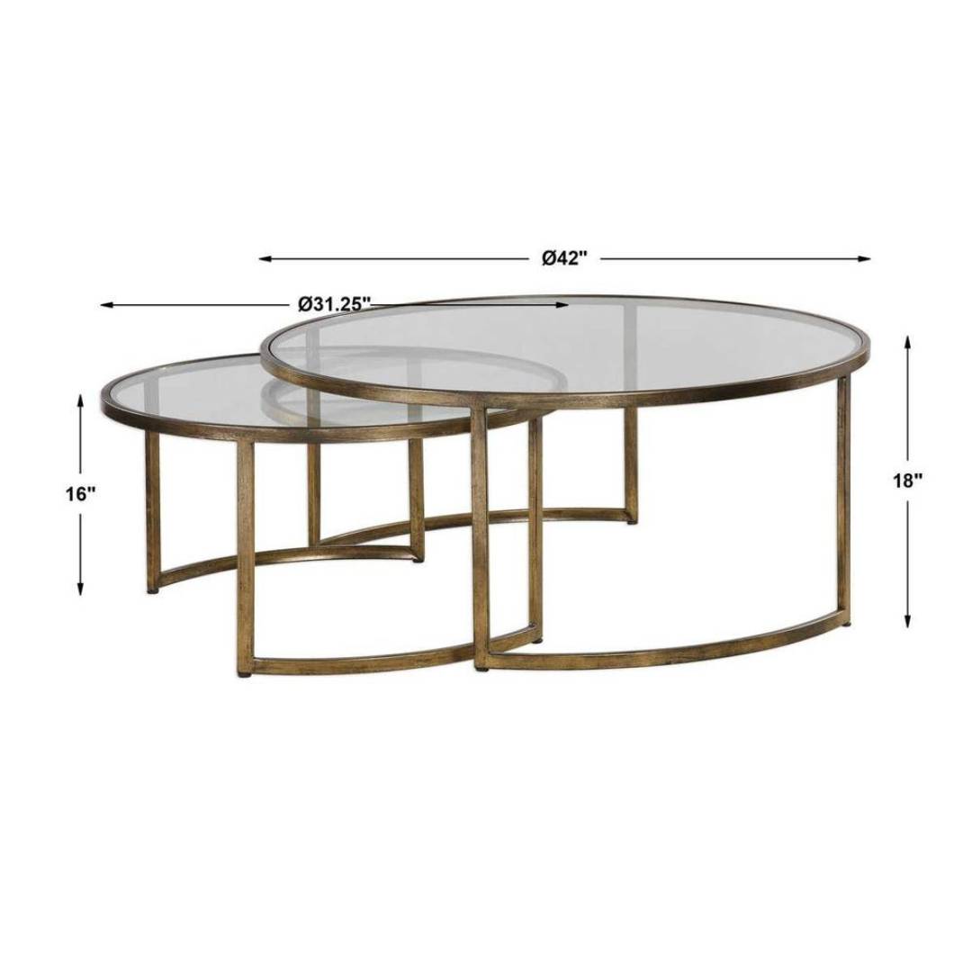 Nesting tables with gold metal frames and glass tops, shown with dimensions on a white background.
