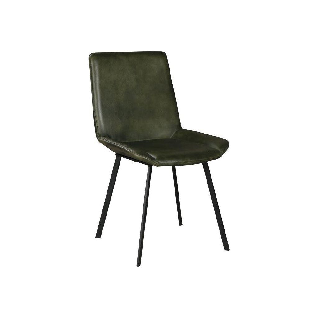 The Gabby Dining Chair features a slightly reclined, rectangular backrest and seat covered in luxurious hunter green goat leather. Its minimalist design is complemented by slender, black iron legs that angle outward for stability, set against a plain white background.