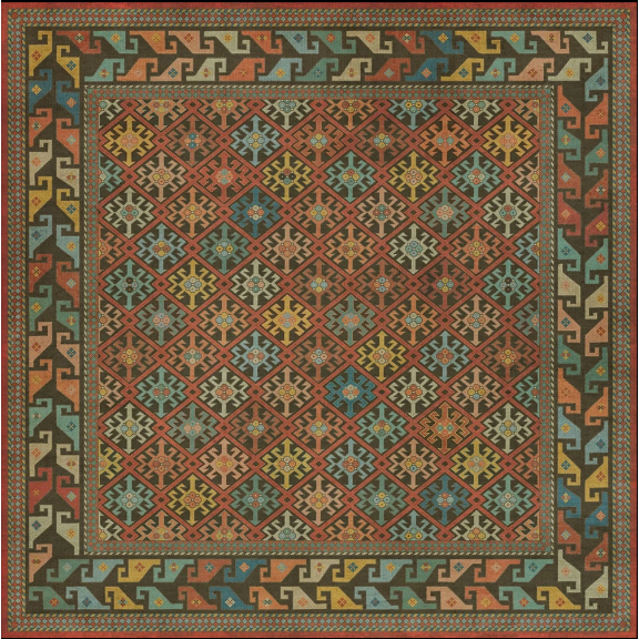 The Baba Yaga Vinyl Rug features a reddish-brown background with repeating geometric star motifs inside diamonds, accented by wide zigzag borders. Inspired by timeless designs, it’s perfect for fans of trendy, colorful patterns.