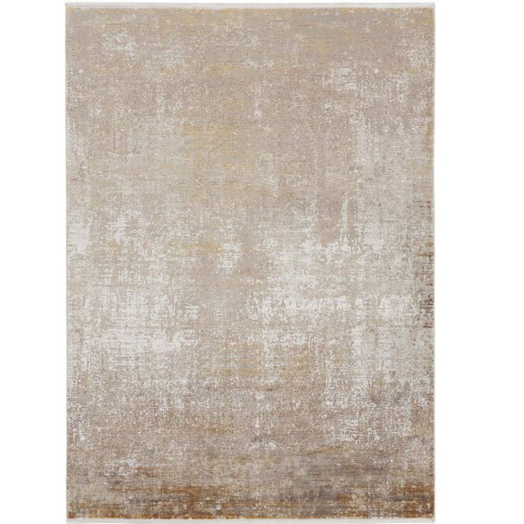 Textured area rug with a neutral color palette on a white background