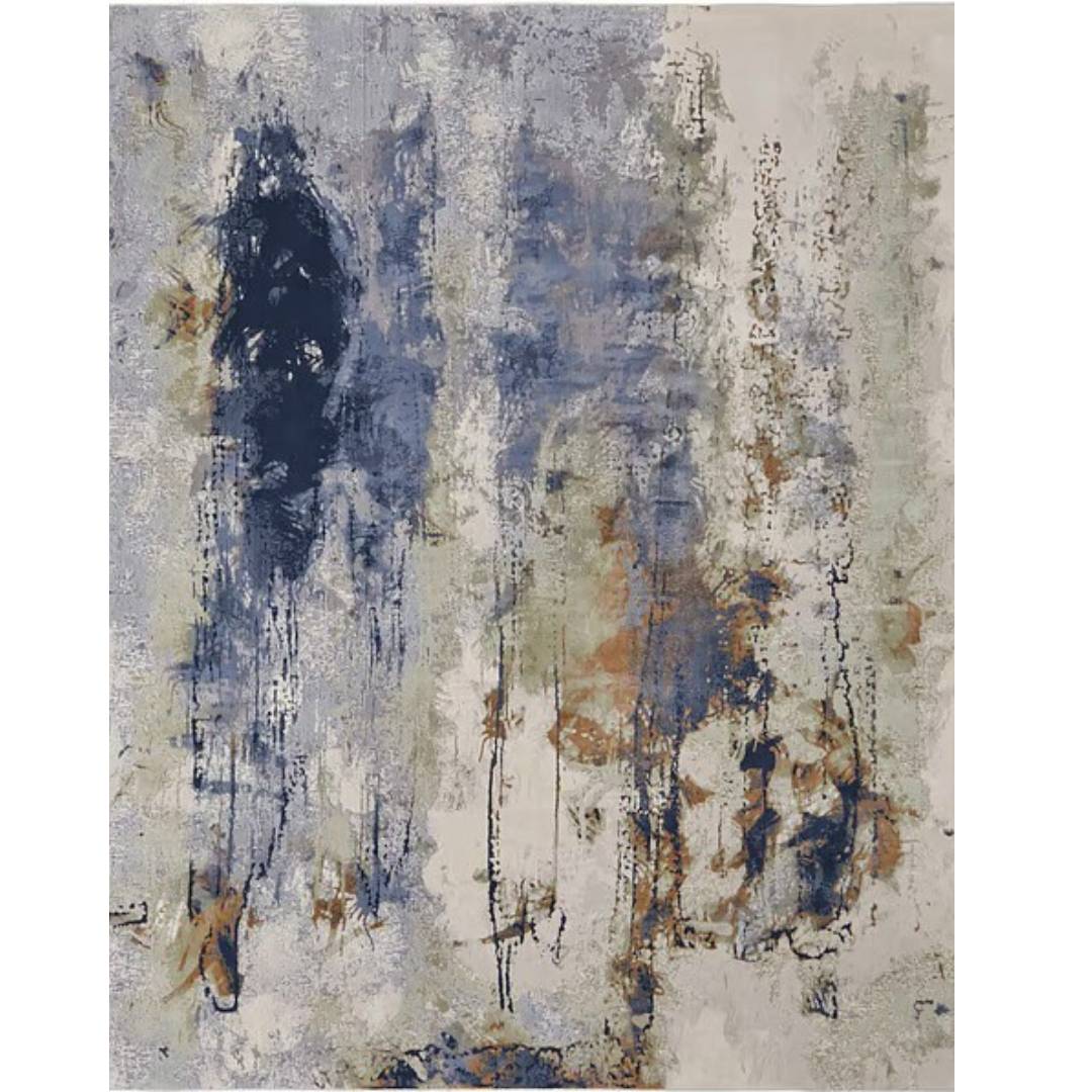 The Ardena Area Rug features abstract layered textures in blue, beige, gray, and brown. Vertical streaks create movement and evoke the organic look of weathered surfaces, resulting in an expressive composition reminiscent of aged walls.
