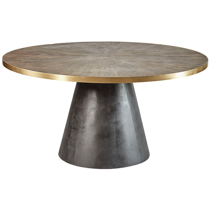 Danube Dining Table: A round dining table with a sunburst top and a brass rim. The tabletop, resembling reclaimed pine, sits on a sturdy, flared stone base. The table's burnished brown finish presents a mix of rustic and modern design elements.