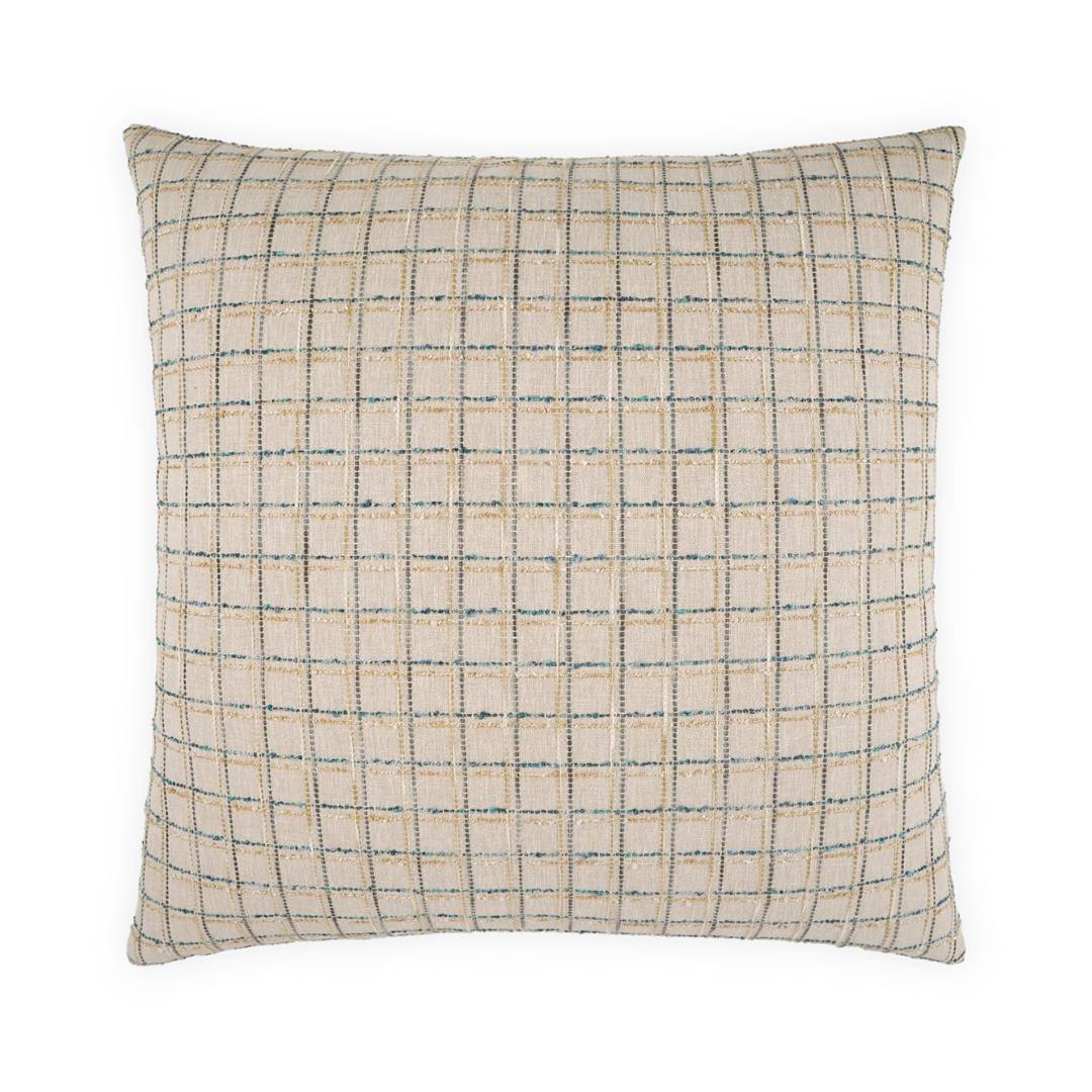 The Seabreeze Throw Pillow features a beige fabric cover with a clean grid of thin blue and tan lines, forming small squares for a modern, understated look.