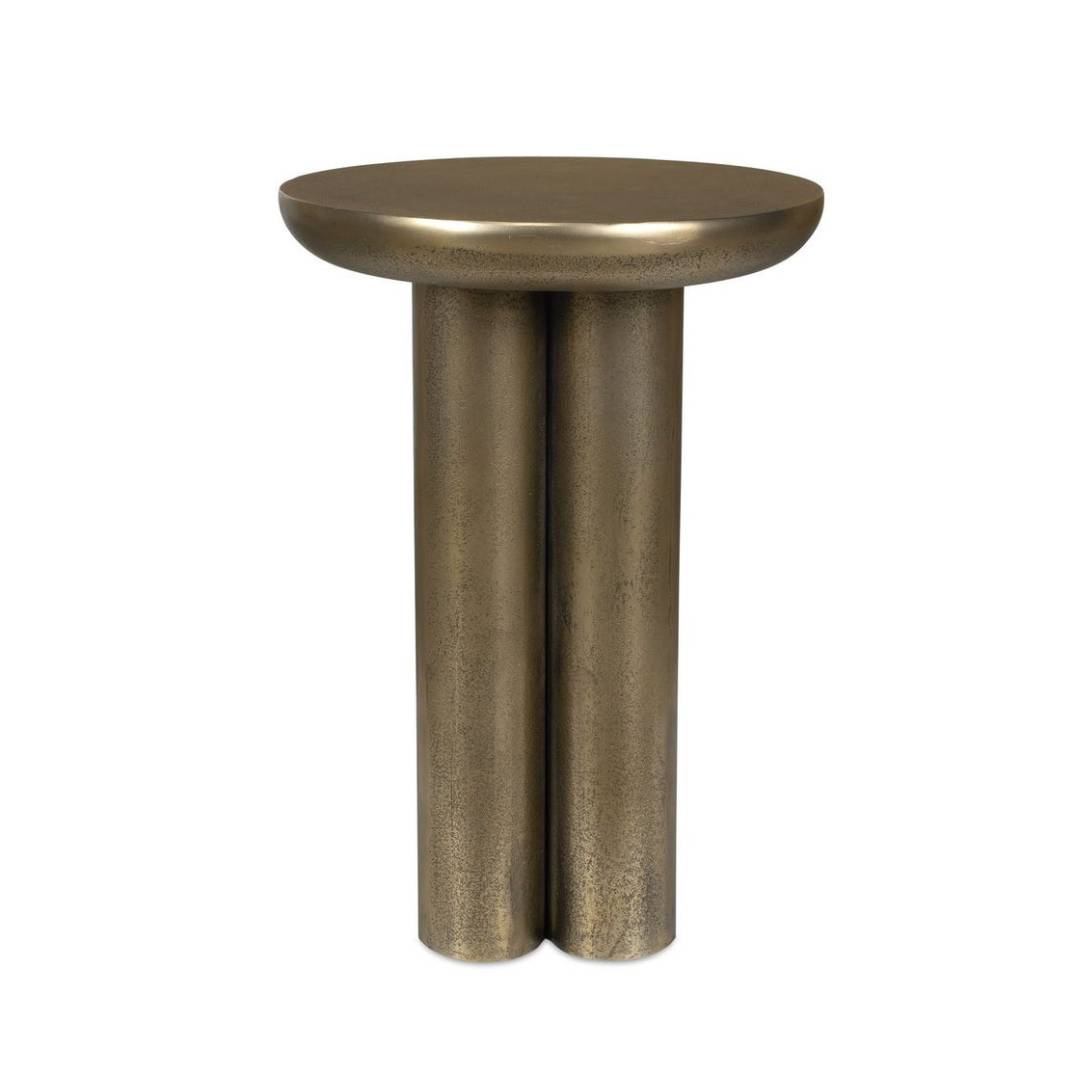 Bronze side table with cylindrical design on a white background