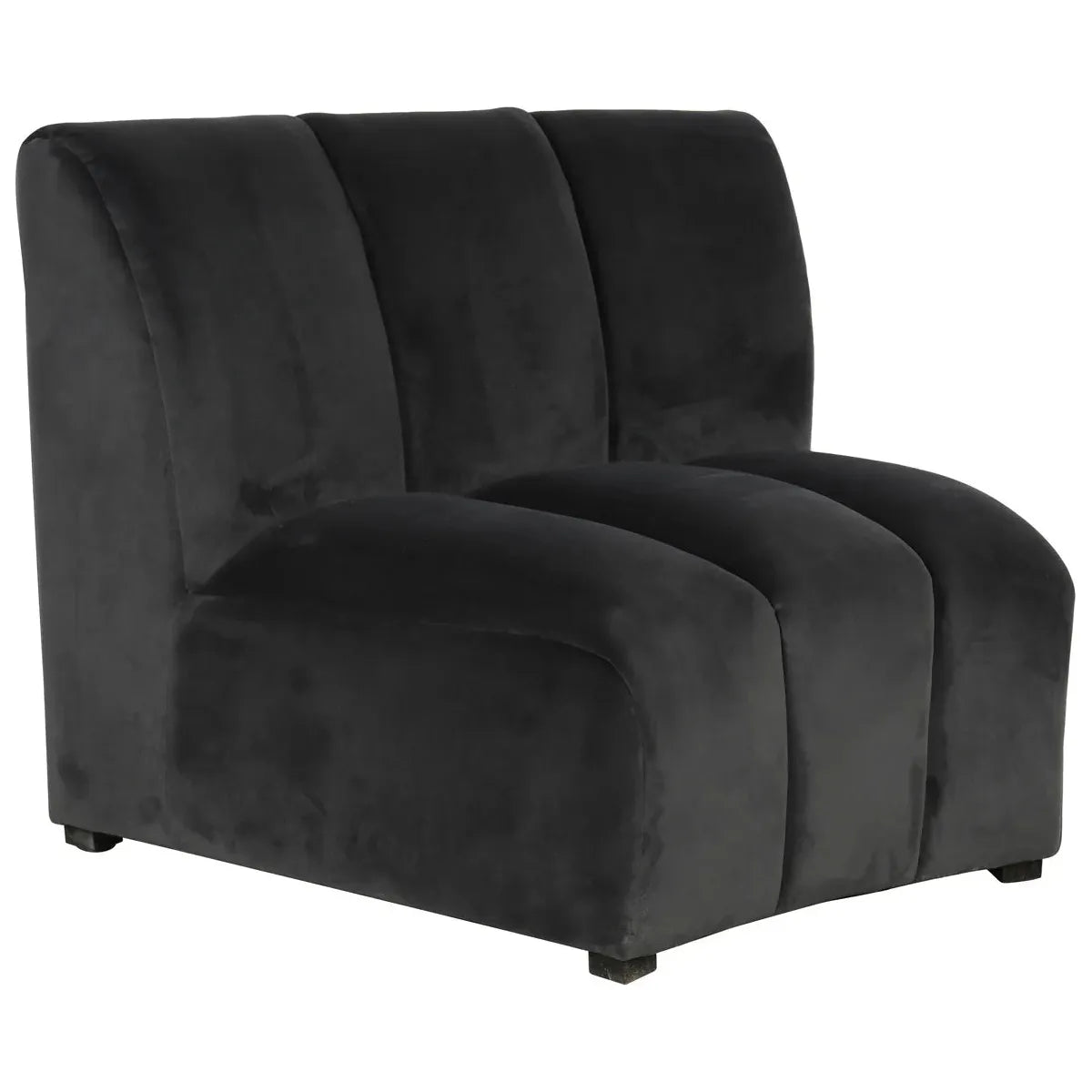 This image shows a Stella Sectional Sofa with a wide, vertical paneled backrest and short, sturdy legs. The sofa has a deep seat and rounded armrests, conveying a comfortable and luxurious appearance.