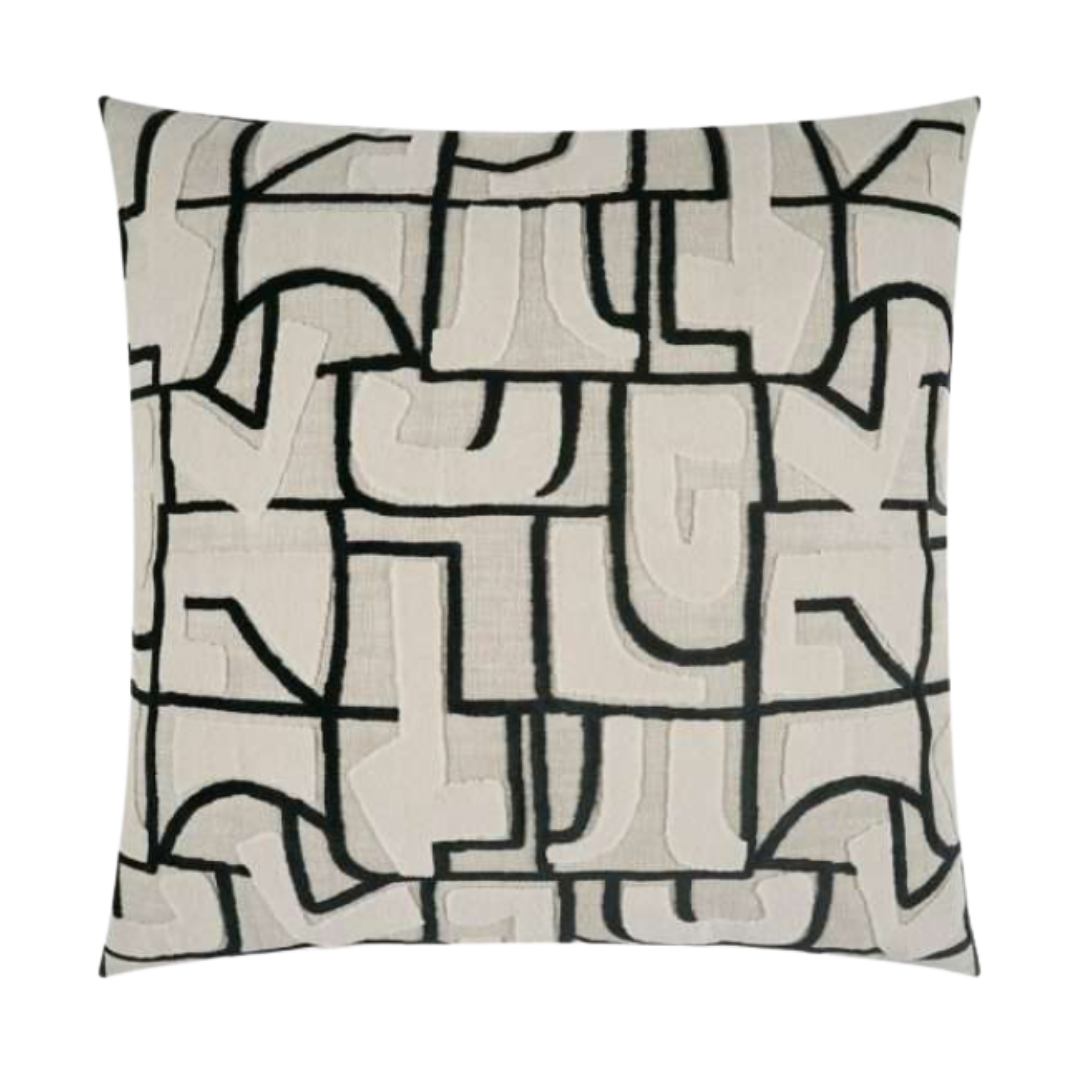 The Abstract Embroidered Throw Pillow features a beige background with a modern black geometric pattern, includes a luxury feather down insert, and measures 22" x 22" for stylish comfort.