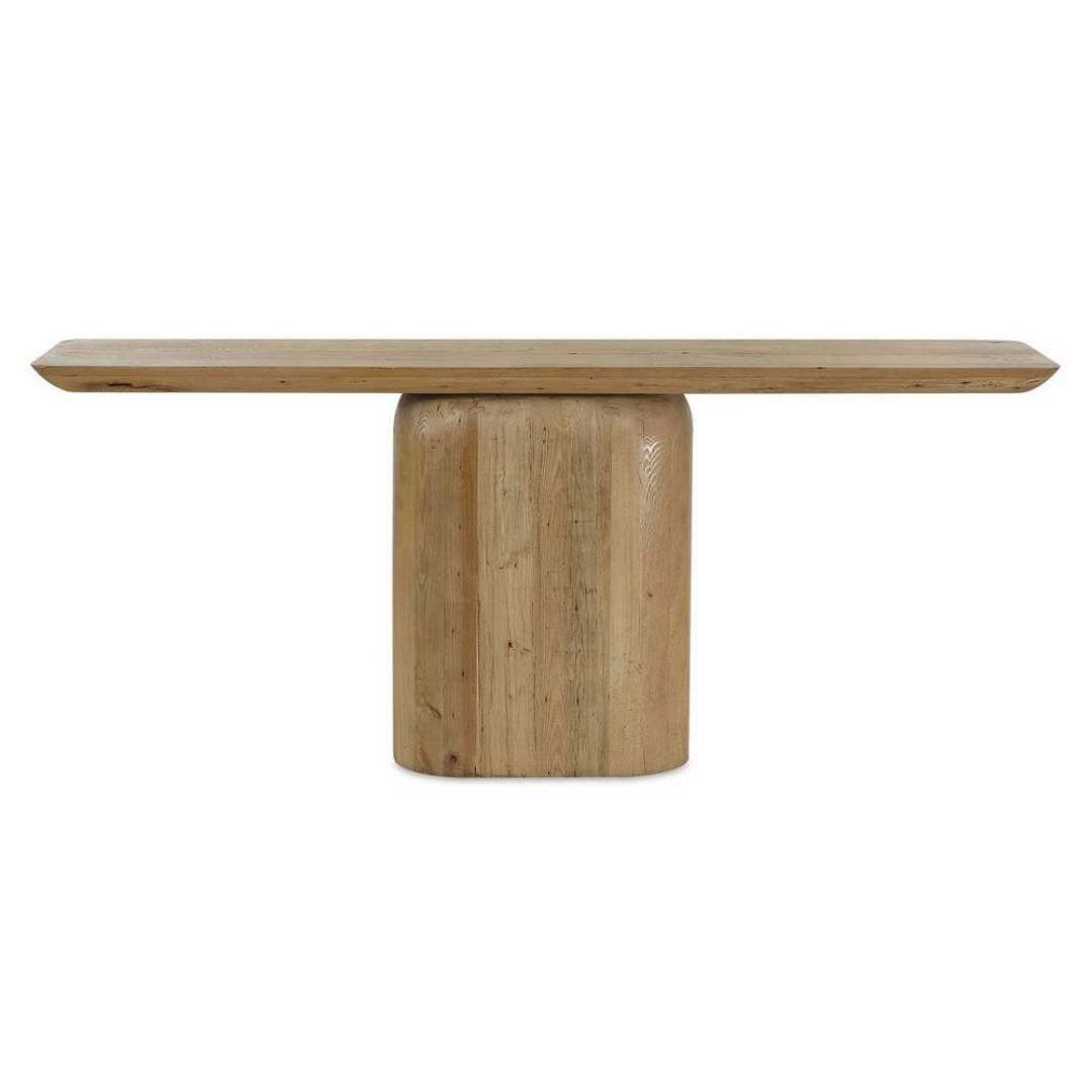 Wooden dining table with a unique base design on a white background