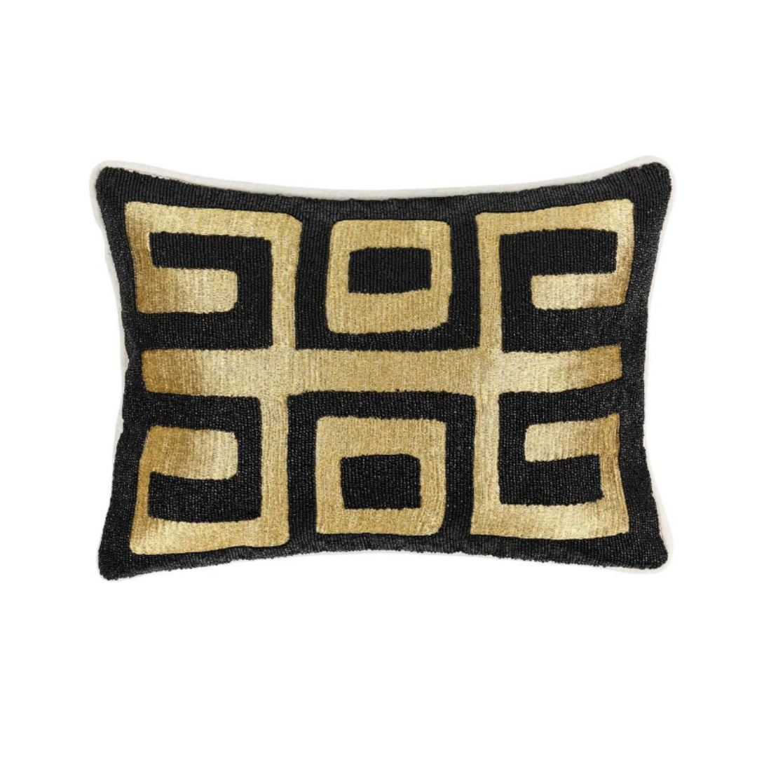 The Aurelia Throw Pillow features a black background with bold geometric gold interlocking squares, offering a modern, textured look. Plush and luxurious, it includes a feather and down insert for superior comfort.