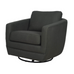 Meet the Baltimore Swivel Glider Accent Chair in dark gray, featuring a modern boxy design and thick cushioned seat and backrest with rounded edges. It rests on a circular metal base for smooth 360-degree swivels and gentle gliding, while textured fabric adds the perfect finishing touch.