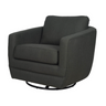 Meet the Baltimore Swivel Glider Accent Chair in dark gray, featuring a modern boxy design and thick cushioned seat and backrest with rounded edges. It rests on a circular metal base for smooth 360-degree swivels and gentle gliding, while textured fabric adds the perfect finishing touch.