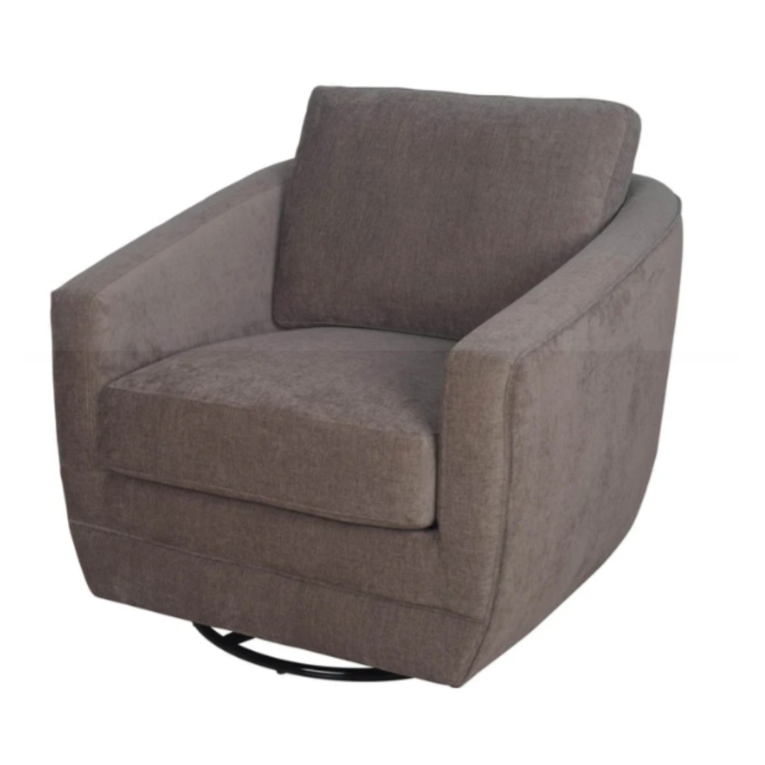 The Baltimore Swivel Glider Accent Chair features a modern design with a rounded base and square profile. Its plush brown fabric covers the seat, backrest, and armrests, while the circular metal frame provides 360-degree swivel and gliding functionality for maximum comfort.