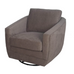 The Baltimore Swivel Glider Accent Chair features a modern design with a rounded base and square profile. Its plush brown fabric covers the seat, backrest, and armrests, while the circular metal frame provides 360-degree swivel and gliding functionality for maximum comfort.