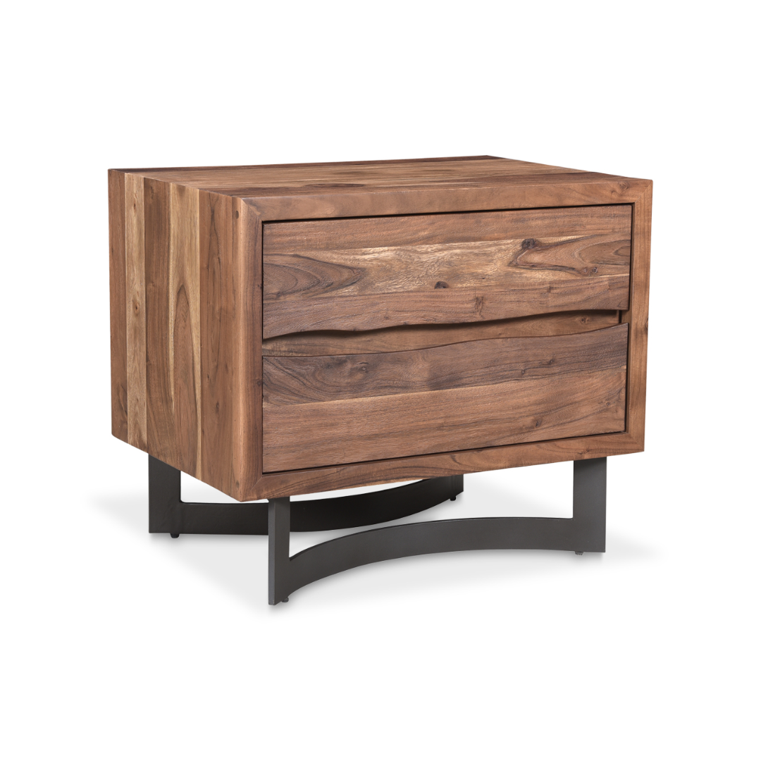 The Bentley Live-Edge Nightstand features a modern rustic design with a natural solid acacia wood finish, two drawers with subtle horizontal handles, and stands on black metal legs with curved supports to highlight its warm wood tones.