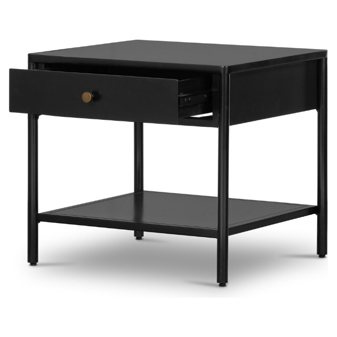 The Samuel Side Table is a modern piece with a minimalist design, featuring a single drawer with a small round metal knob. Crafted from black-finished iron, it includes a lower shelf for additional storage or display space. The table stands on four slim legs and boasts clean, straight lines that reflect a sleek, contemporary style.