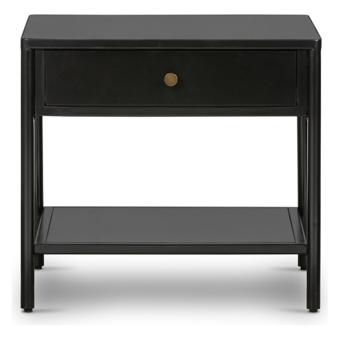 The Samuel Side Table is a black nightstand with a minimalist design, featuring a single drawer with a round brass knob at the center and an open lower shelf for extra storage. With sleek, straight legs and a smooth finish, it offers a functional piece of furniture perfect for any modern space.