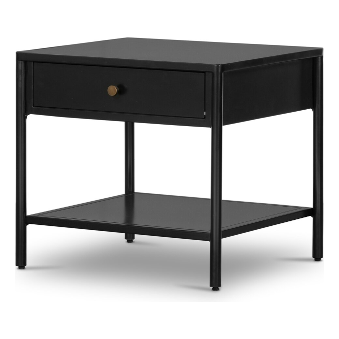 A modern side table, the Samuel Side Table features a black square design with a single drawer adorned with a small round handle. Beneath the drawer, an open shelf provides additional storage. Supported by four slender legs, its simple and contemporary style is further accentuated by black-finished iron accents, making it ideal for various decorative styles.