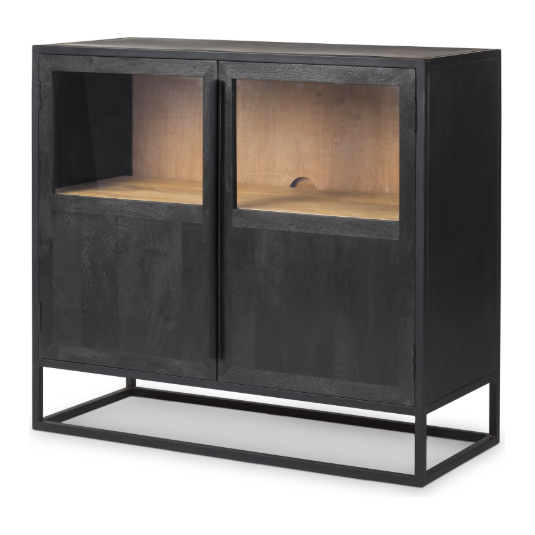 The Obsidian Media Cabinet boasts elegant dark mango wood doors accented with glass panels, showcasing a contrasting light wood interior. It is supported by a minimalist black metal frame and features a cable management port for tidiness. This modern design effortlessly integrates into diverse home environments.