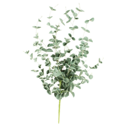 The Eucalyptus Botanica (984) features a sprig of artificial eucalyptus with small, rounded green leaves on slender, adjustable stems. The matte-finished leaves are densely arranged to create a lush botanical appearance, while the stems converge at the base into a single stalk against a plain white background.