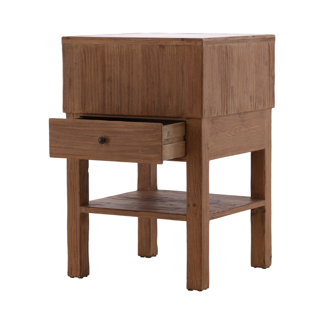Wooden kitchen island with a drawer and shelf on a white background
