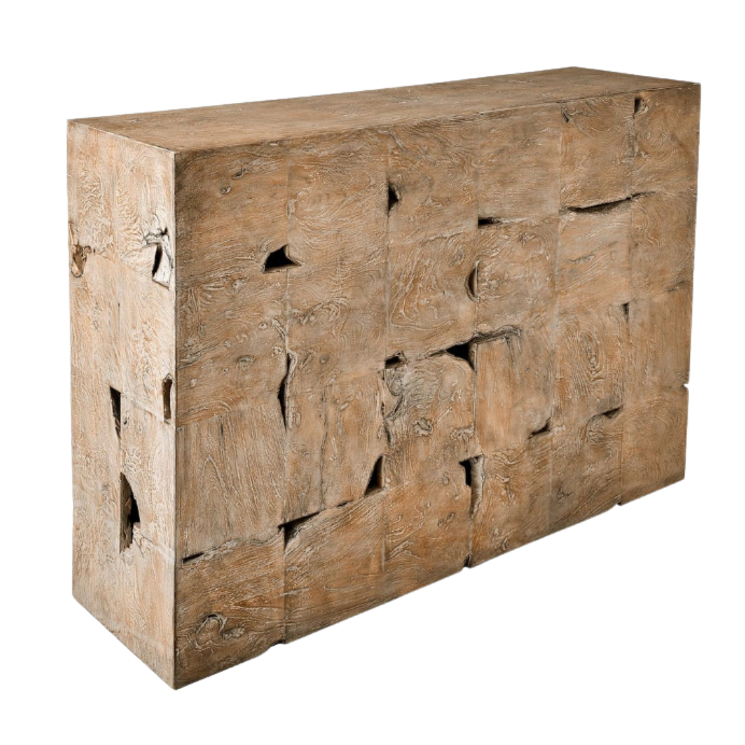 The Bravari Organic Modern Console Table features a rectangular design crafted from weathered teak wood in a patchwork pattern, showcasing uneven textures and irregular gaps for an artisanal, rustic, and organic look.