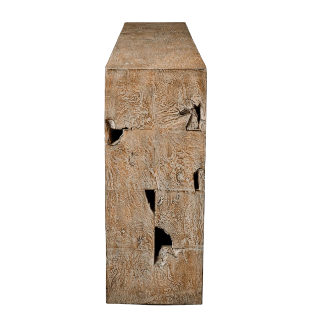 The Bravari Organic Modern Console Table stands upright against a white background, showcasing teak wood with irregular dark holes and swirling grain patterns for an artisanal, weathered, and distressed look.