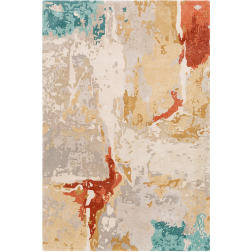 The Kavita Area Rug features an abstract design with a blend of colors, including teal, gray, beige, mustard yellow, and burnt orange. Hand tufted and incorporating viscose and wool, the pattern is randomly distributed, evoking a modern artistic look with irregular, brushstroke-like patches and accents.