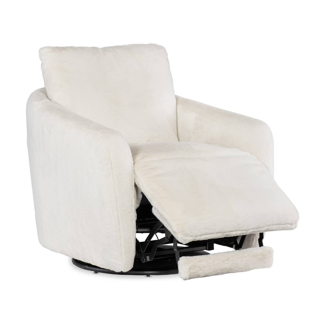 The Arista Swivel Chair with Power Footrest features plush ivory textured fabric, a high back, wide arms, and a circular black base for smooth swiveling and stability. Shown reclined, it offers comfort with its power footrest.