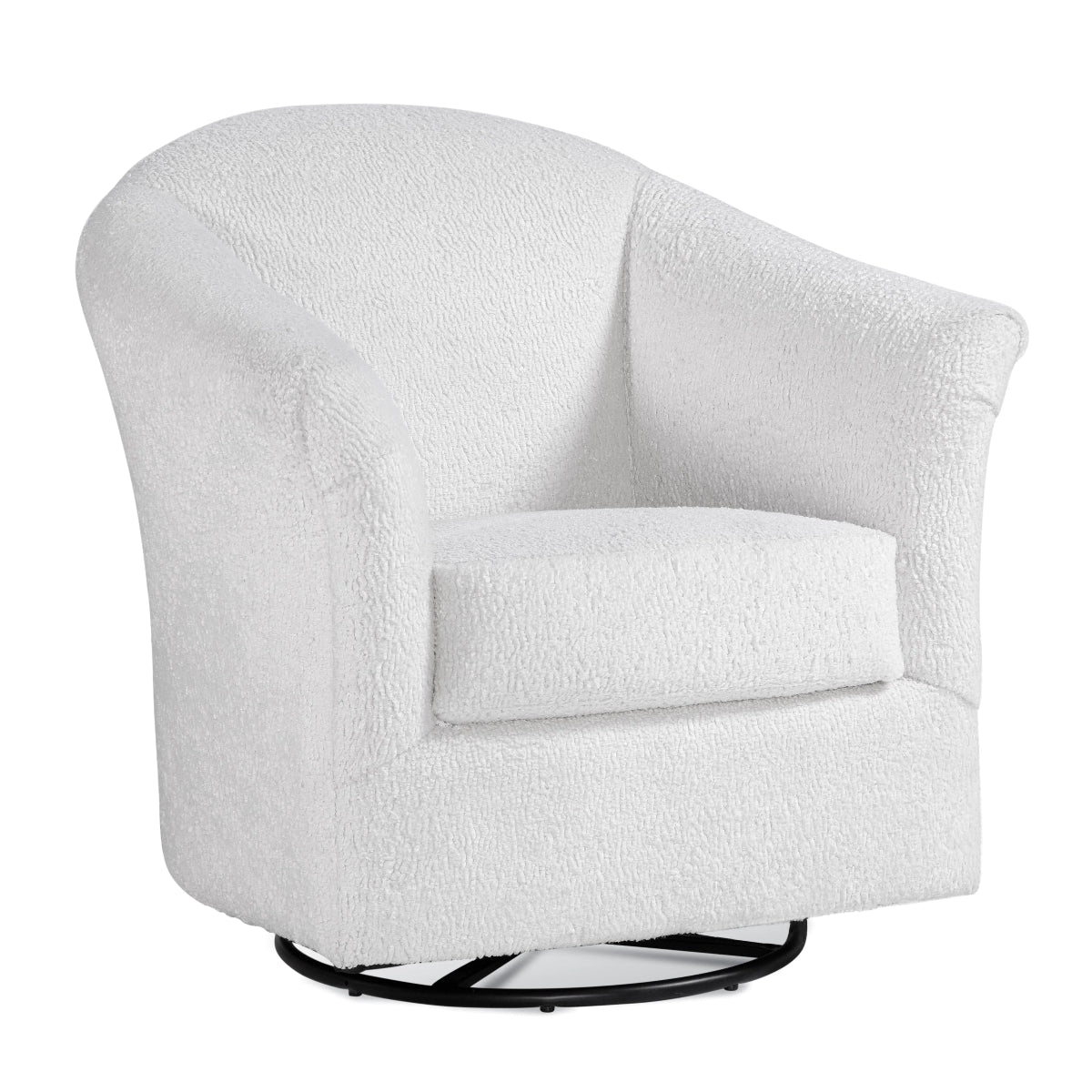 A white bouclé swivel armchair with a rounded backrest, wide armrests, and a black circular swivel base, shown against a plain white background.