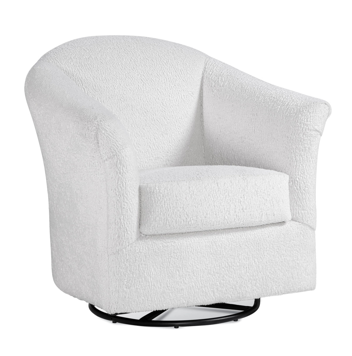 A white bouclé swivel armchair with a rounded backrest, wide armrests, and a black circular swivel base, shown against a plain white background.