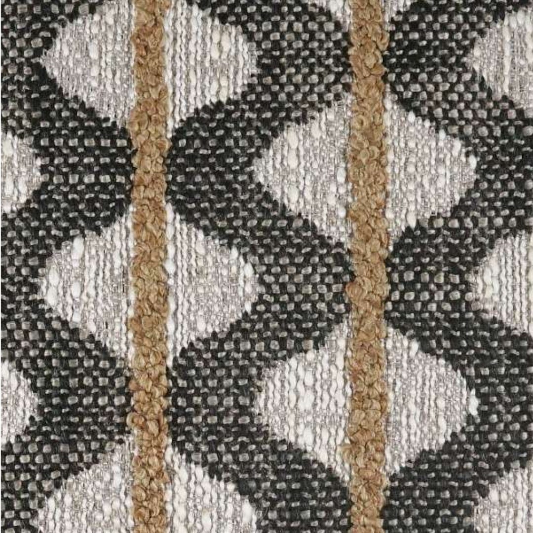Close-up of the Canyon Weave Throw Pillow, featuring a 20" x 20" woven textile pattern with alternating wavy black and white stripes, and narrow brown vertical stripes. The textures and shades add depth, reminiscent of luxurious feather details.