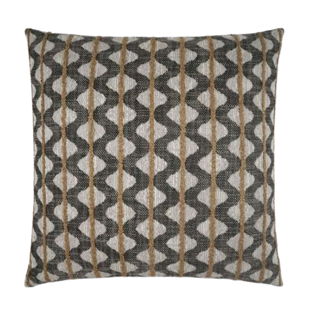 The Canyon Weave Throw Pillow is square with a 20" x 20" geometric design, featuring black and white wavy lines and vertical tan stripes. It has a textured woven appearance and includes a luxurious down insert for added comfort and style.
