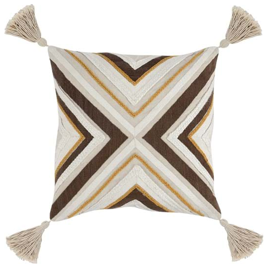 The Emory Natural Throw Pillow is a luxury 22x22 inch pillow featuring an embroidered geometric pattern in brown, cream, and gold. It includes a plush down insert with beige tassels on each corner and intersecting diagonal lines forming a central X shape for added sophistication.