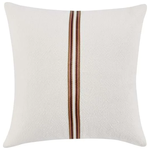 The Johnny Ivory and Sangria Throw Pillow is a square white pillow with textured fabric, a feather and down insert, and three vertical stripes in brown, beige, and red for a touch of luxury.