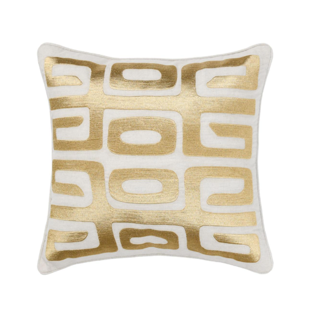 The Celeste Throw Pillow is a 22"x22" white pillow with a shiny gold geometric pattern of rounded rectangles and ovals in a grid. Filled with luxury feather and down, it features smooth texture and bold contrast for decorative appeal.