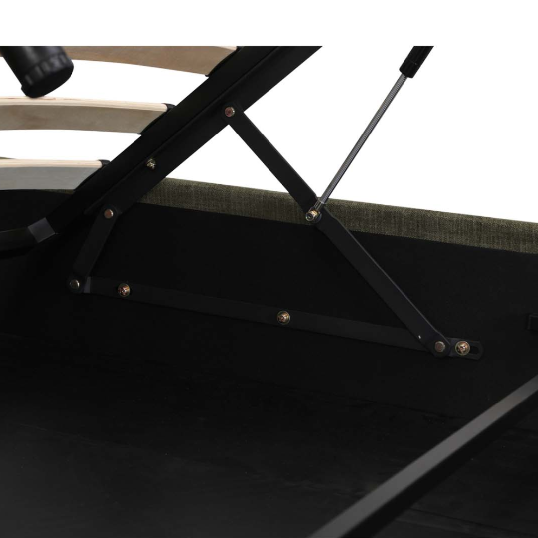Close-up of a metal hydraulic lift mechanism inside the Corveline Green Storage Bed. The black frame supports light wooden slats, designed to lift easily for convenient under-bed storage access.