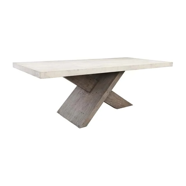 The Drew Dining Table features a modern rectangular design with a light wooden top and X-shaped base. Made from FSC Certified Reclaimed Wood, it highlights interlocking beams with a natural wood grain finish, offering clean lines in neutral tones for a minimalist, eco-friendly style.